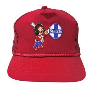Vintage Santa Fe Red Trucker Hat Railroad Logo Rope Snapback Mesh Mascot Chico